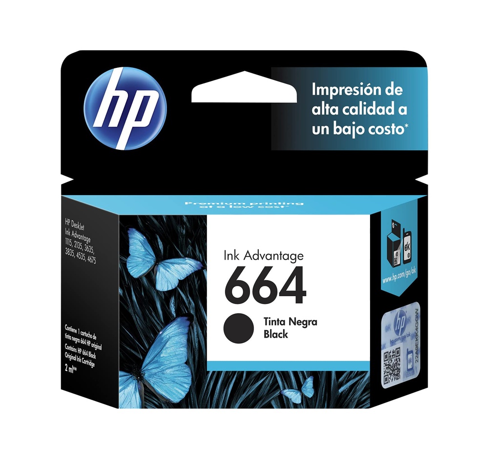 CARTUCHO HP 664 - F6V29AL - NEGRO - 2ML - PARA IMPRESORA INK ADVANTAGE 2135 / 2675 / 3635 / 4535 / 3835 / 1115 / 3775 / 3785 / 5075